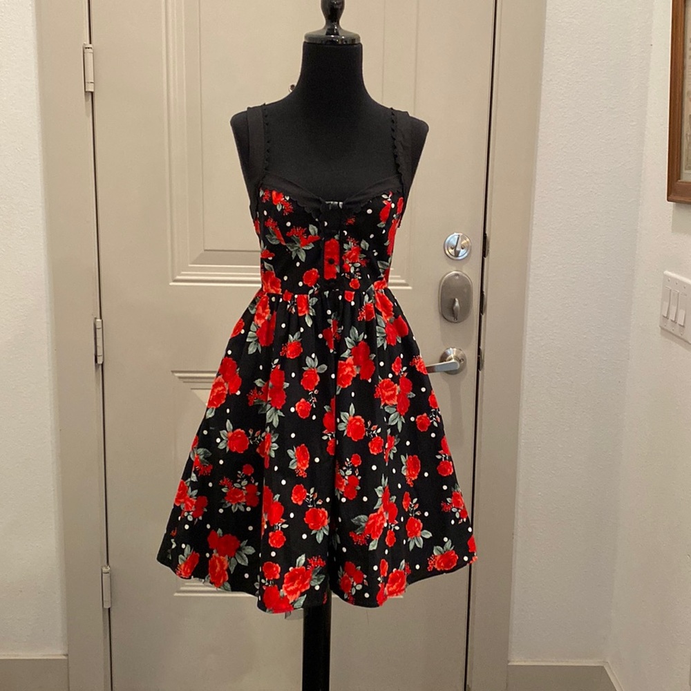Hot Topic Black & White Polka Dot Red Roses Floral Dress Size S/M